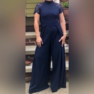 Navy Lace High-Neck Jumpsuit